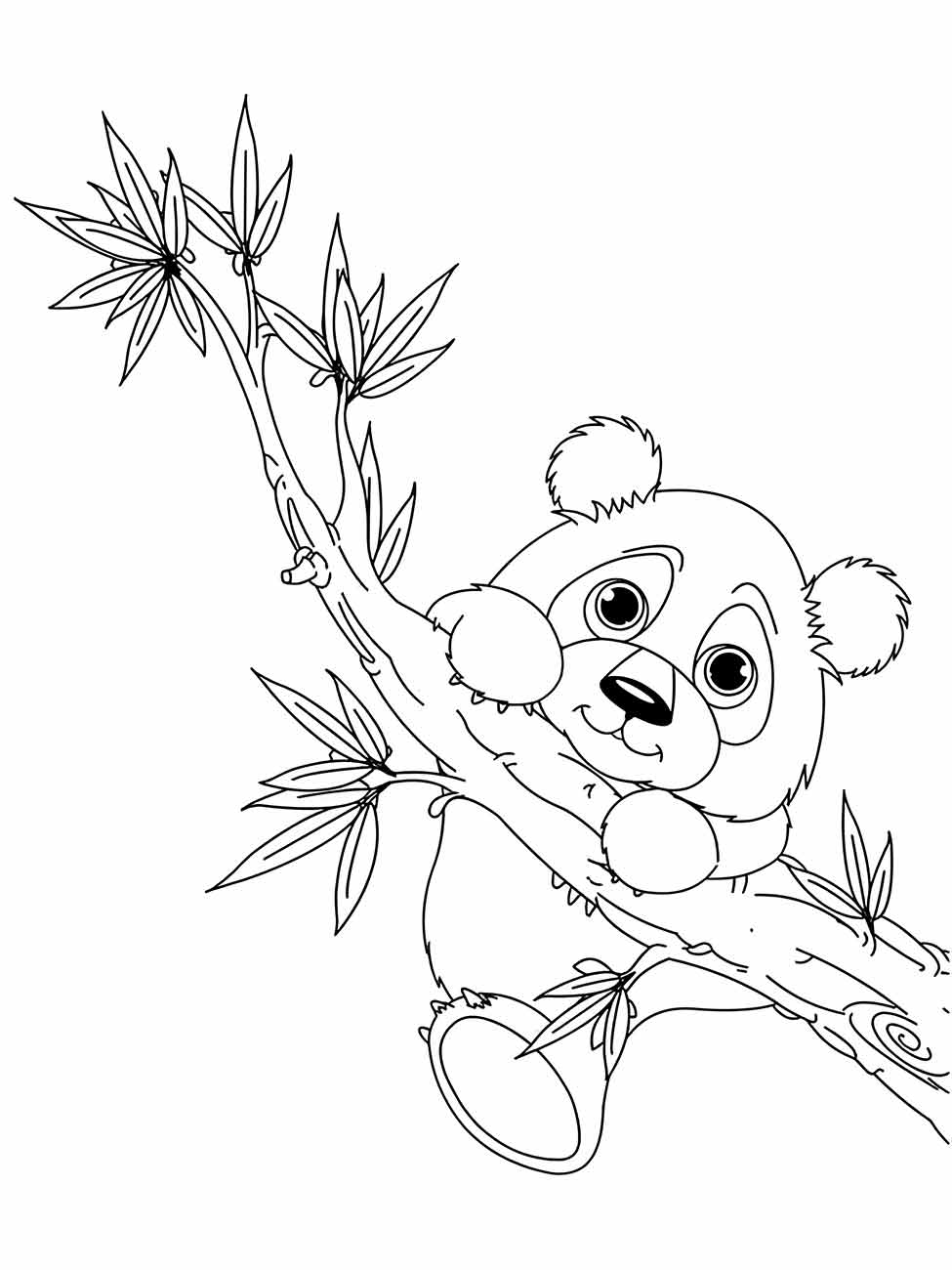 Desenho de panda fofo para colorir, agarrado a um bambu.