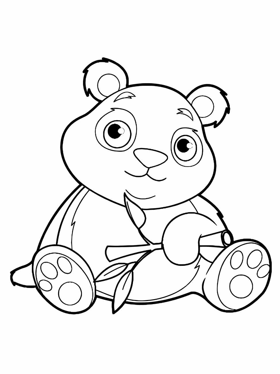 Desenho para colorir de um urso panda bebê com folhas de bambu.