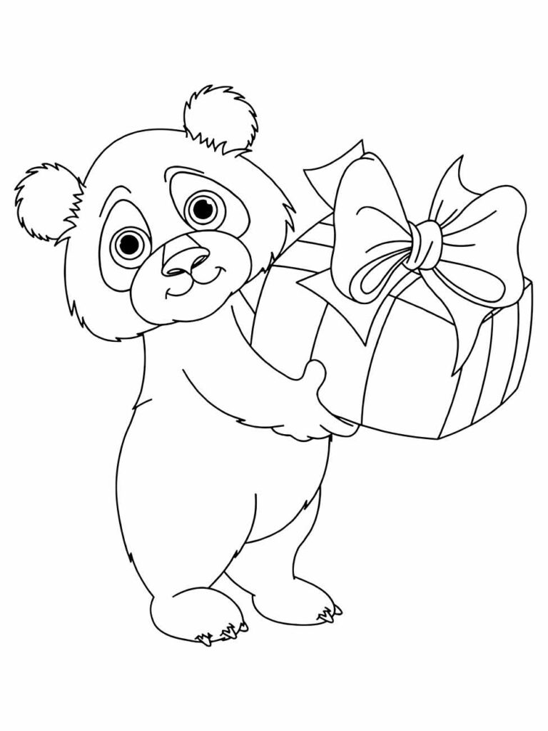 Desenho de um panda para colorir e imprimir, segurando um presente com um laço.