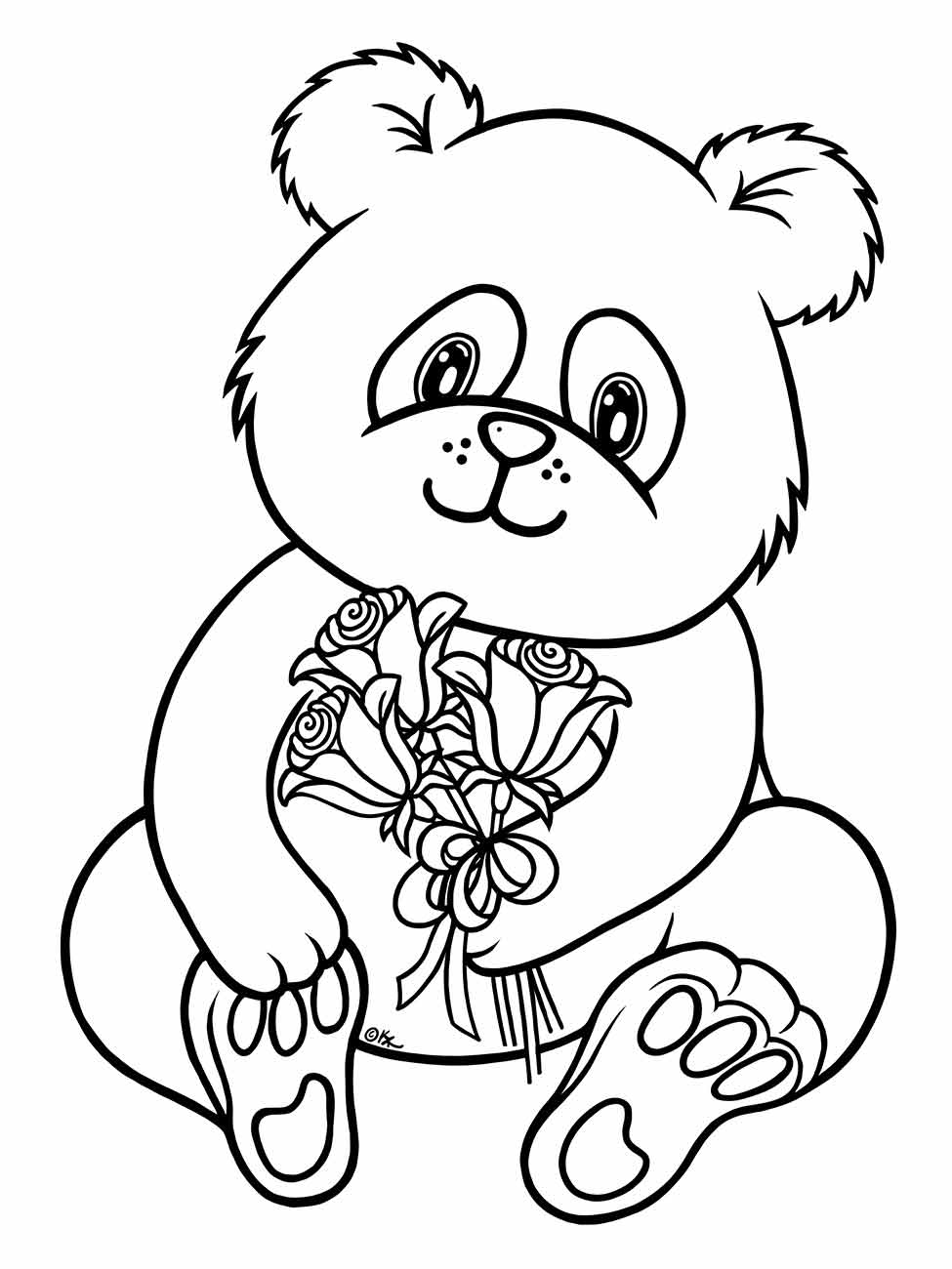 Desenho de urso panda para colorir, segurando um buquê de flores.