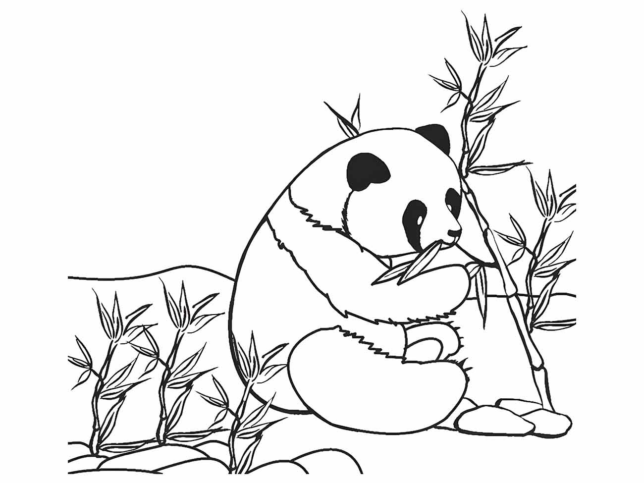 Desenho para colorir de um urso panda contemplativo, rodeado de bambus.