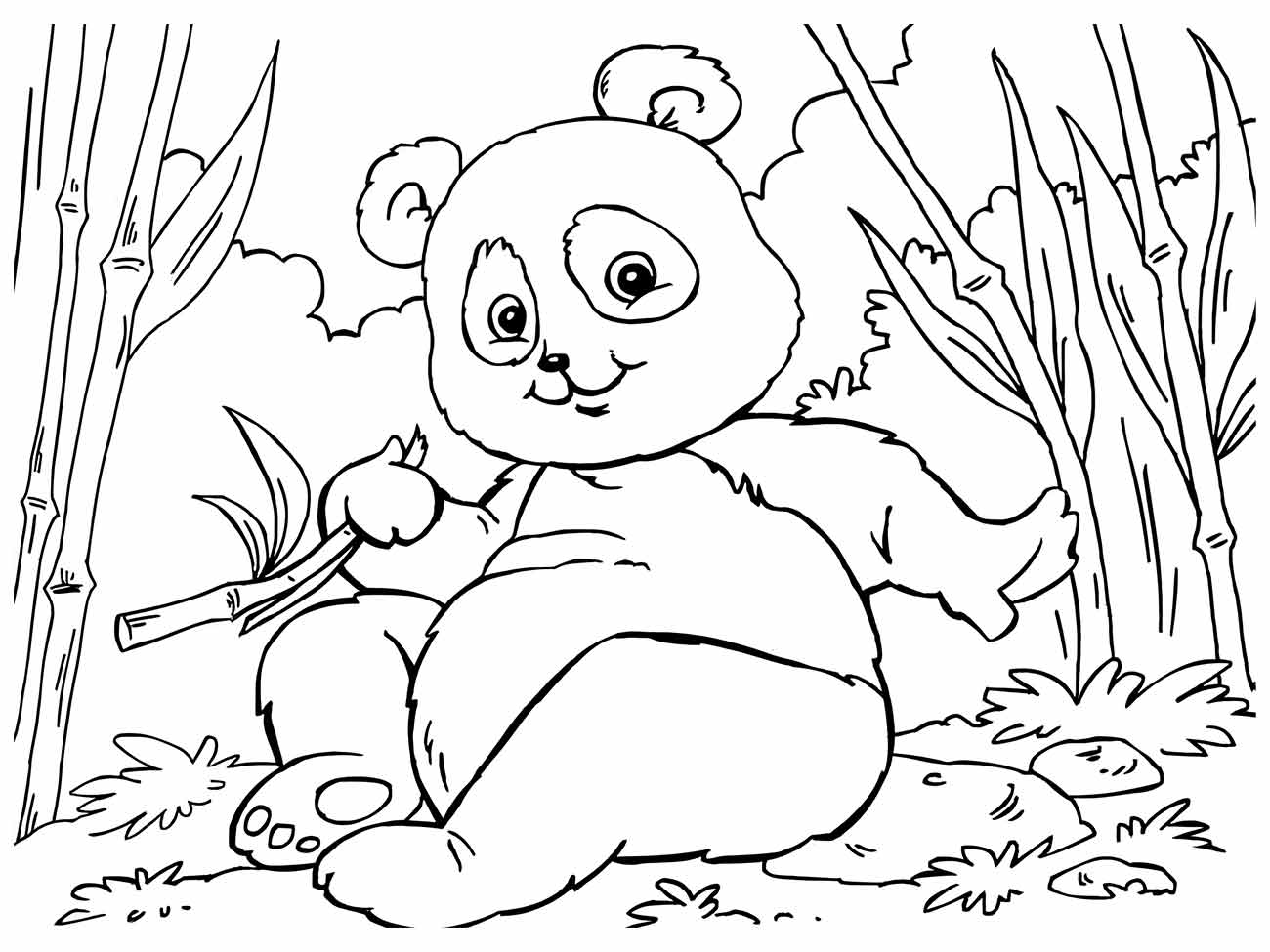 Desenho de um panda sorridente para colorir, sentado entre bambus com um ramo na mão.