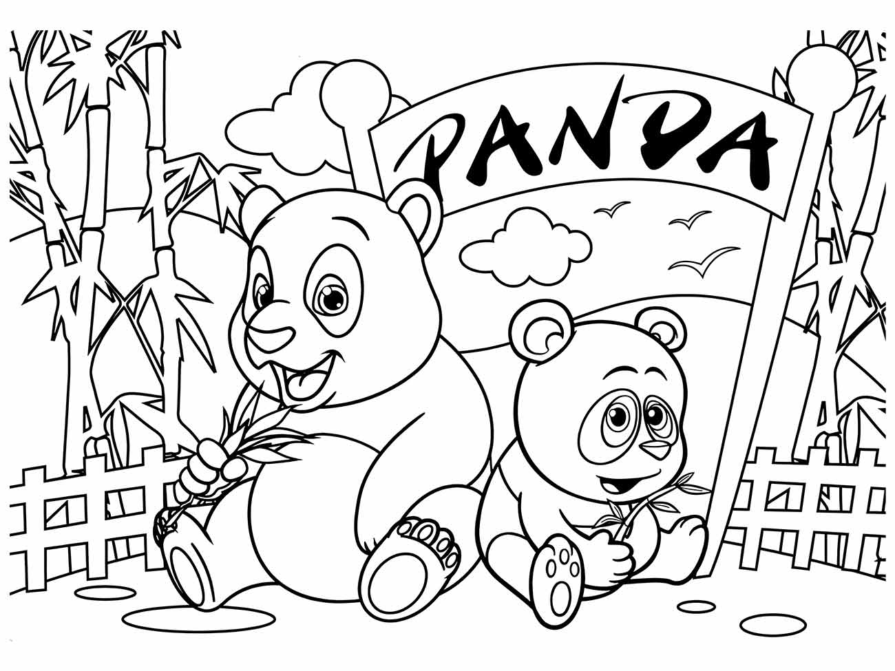 Desenho para colorir de pandas com bambus, um filhote olhando curioso enquanto o adulto saboreia um talo.