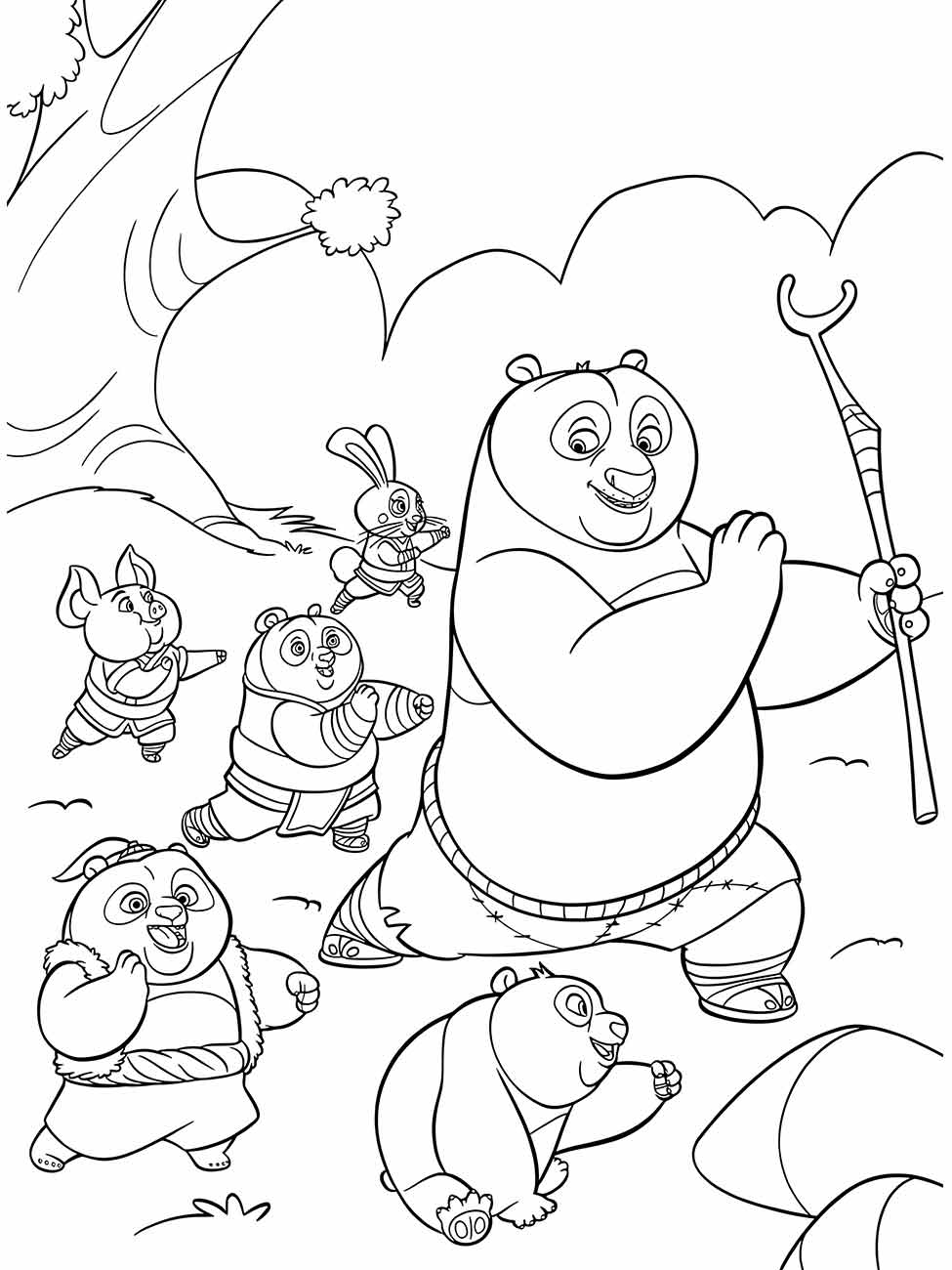 Desenho do Kung Fu Panda para colorir, liderando seus amigos numa aventura animada.