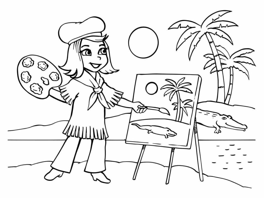 Desenho de pintora para desenhar, artista com paleta e cavalete na praia ao lado de palmeiras.