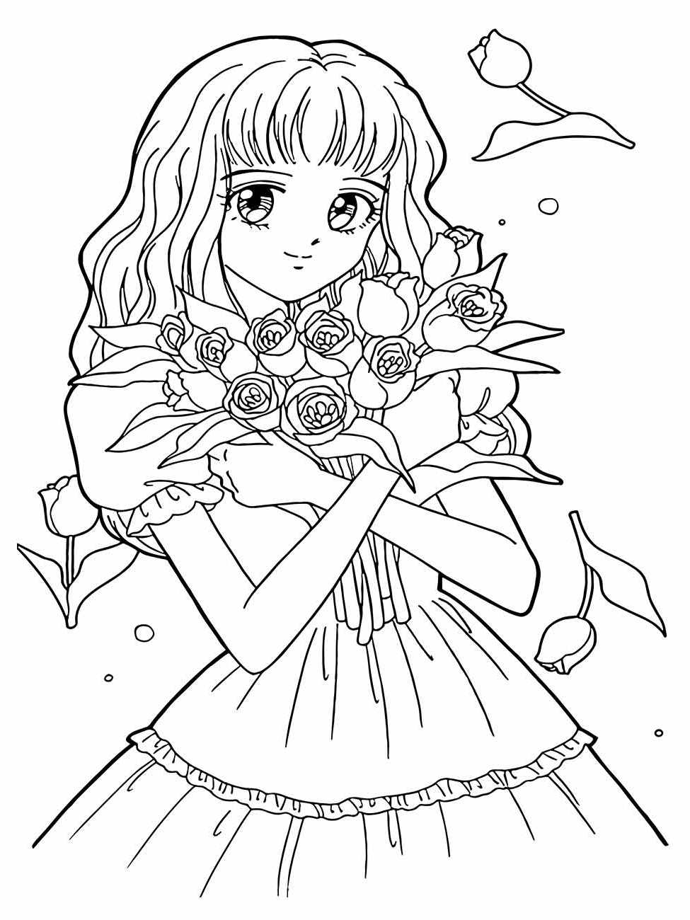 Desenho de anime para desenhar, personagem feminina segurando um buquê de rosas.