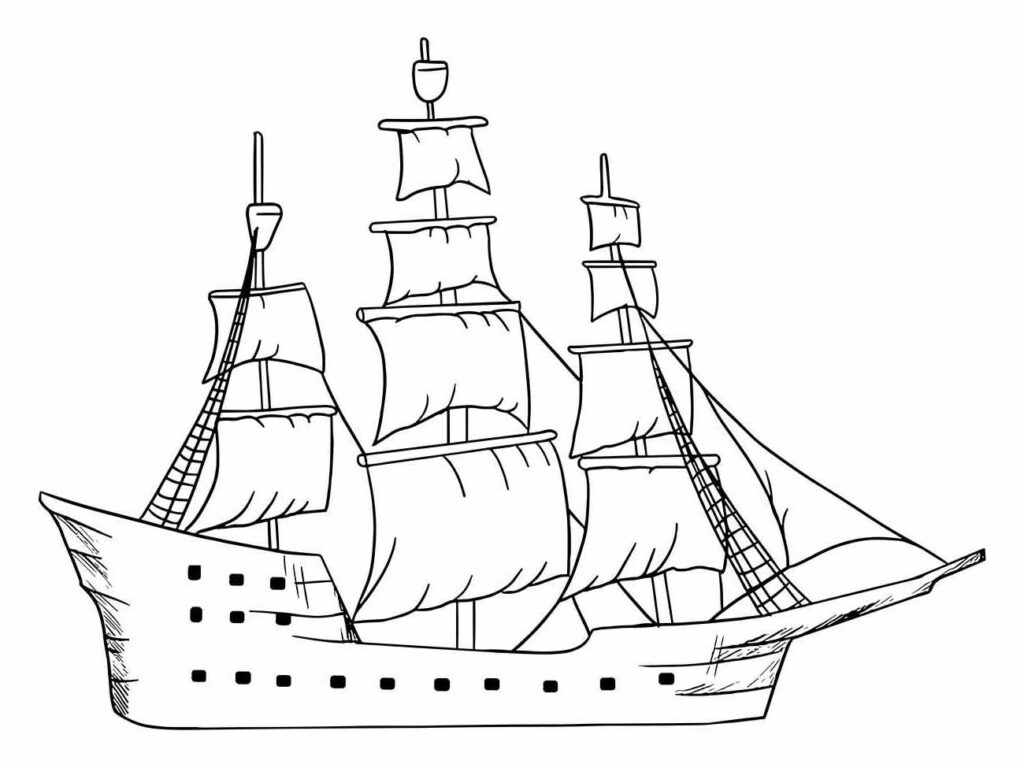 Desenho para desenhar de barco antigo com velas e mastros.