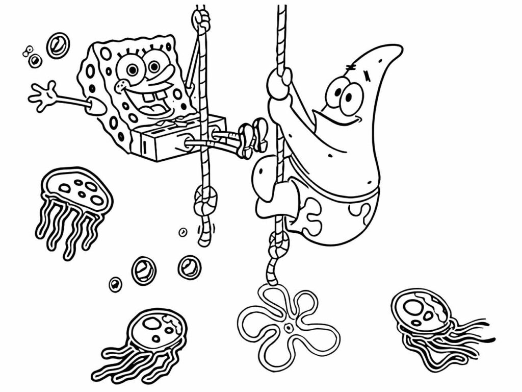 Desenho para desenhar de Bob Esponja, personagens animados submarinos se divertindo com bolhas e cordas.