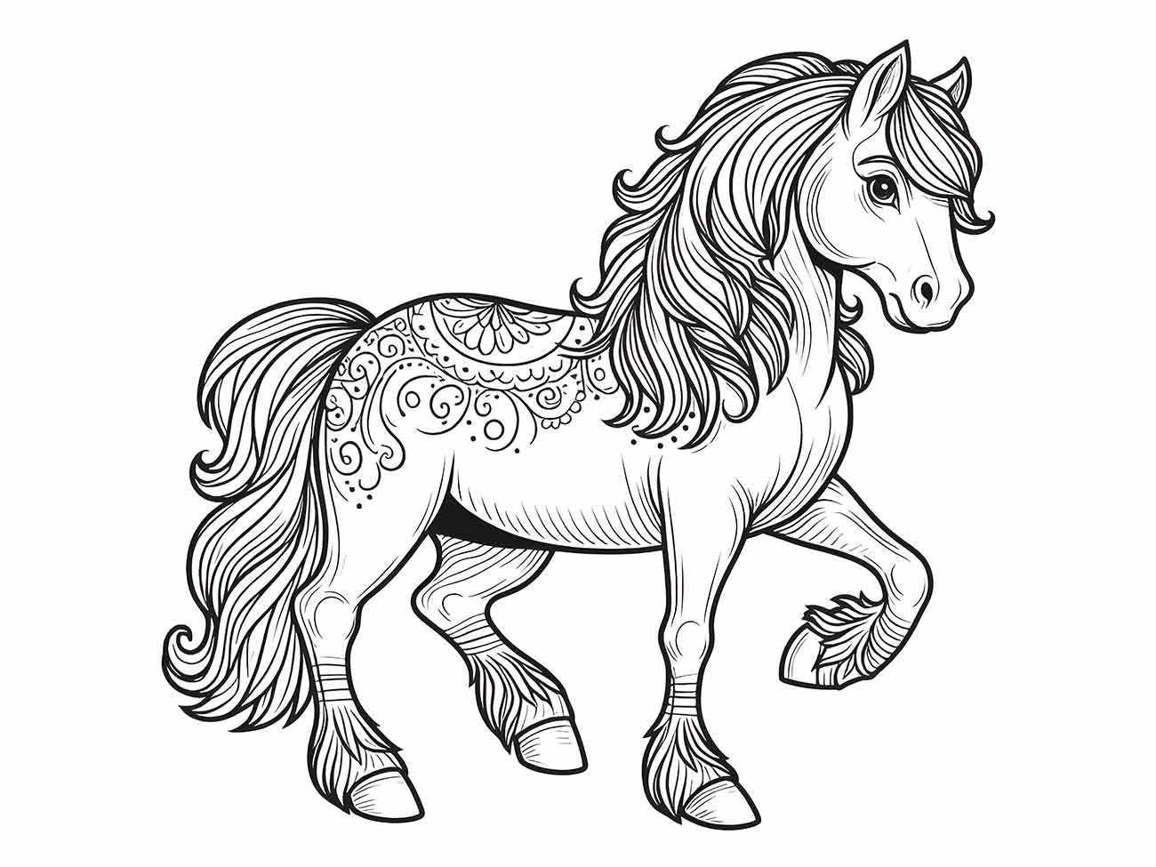 Desenho para desenhar de cavalo bonito, com detalhes ornamentados e crina fluída.