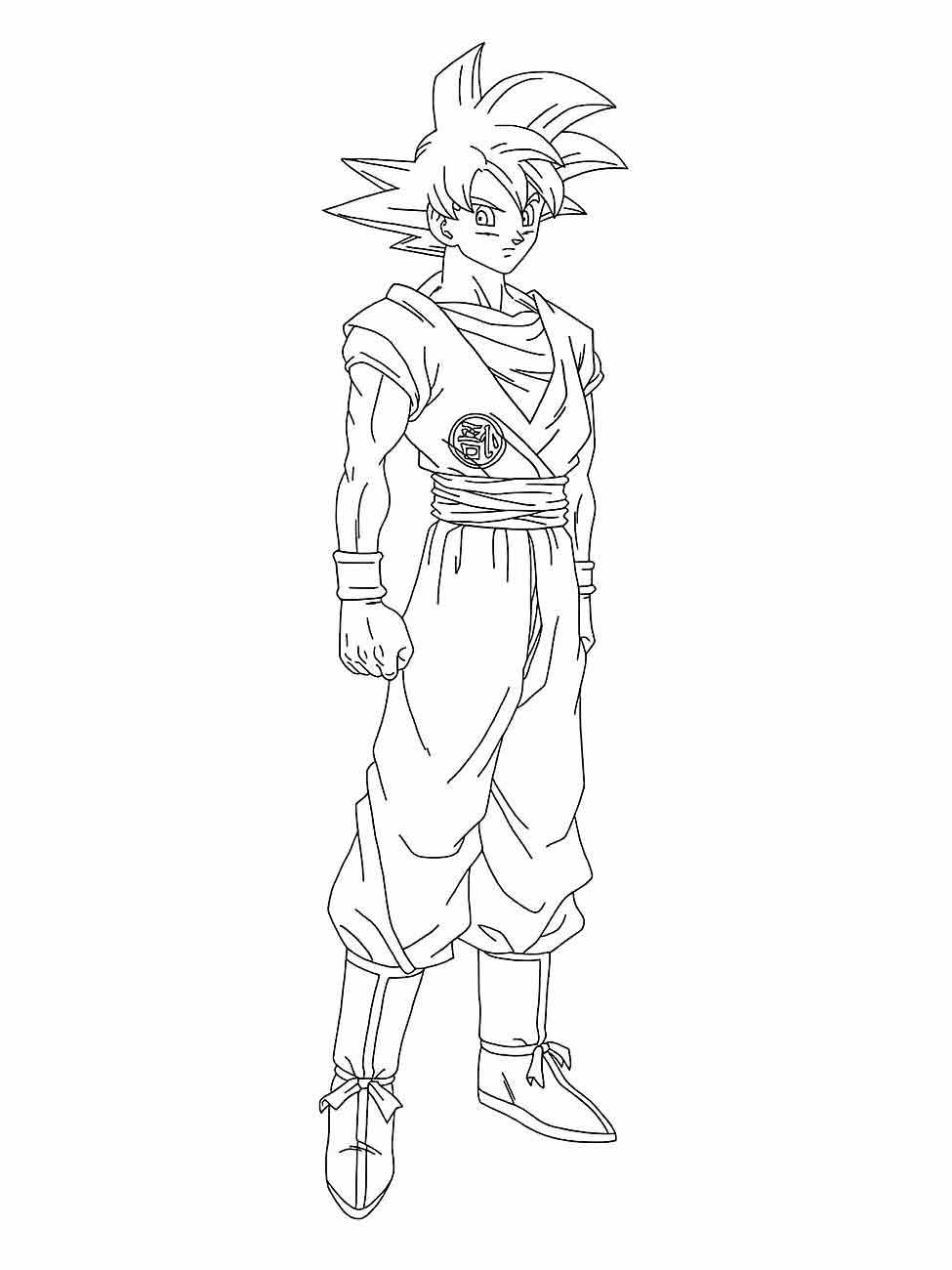 Desenho para desenhar de Goku um personagem de anime em pose de combate com roupas de artes marciais.