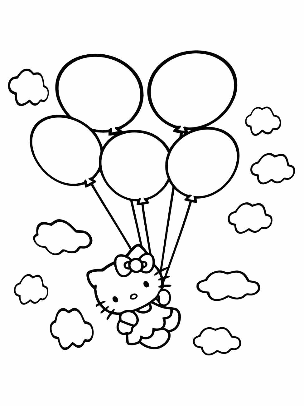 Desenho para desenhar na capa do caderno, Hello Kitty voando com balões entre nuvens.