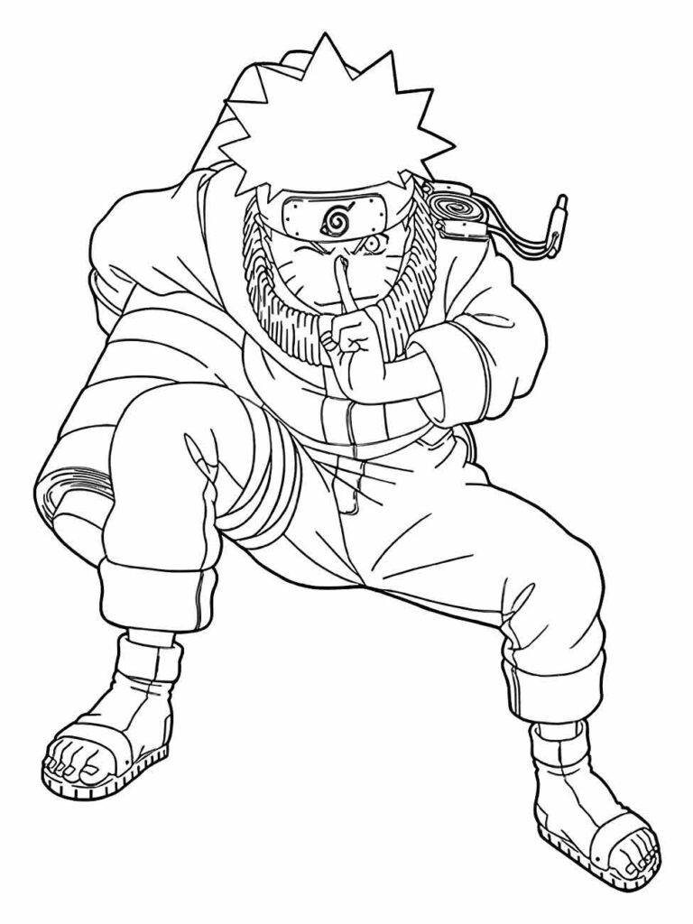 Desenho para desenhar Naruto um personagem de anime agachado com um dedo sobre a boca em pose de silêncio.