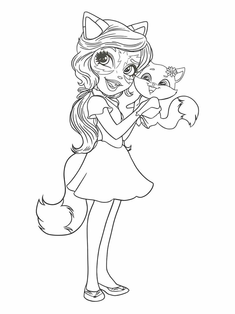 Desenho para desenhar para meninas, personagem em estilo de gata segurando um filhote.