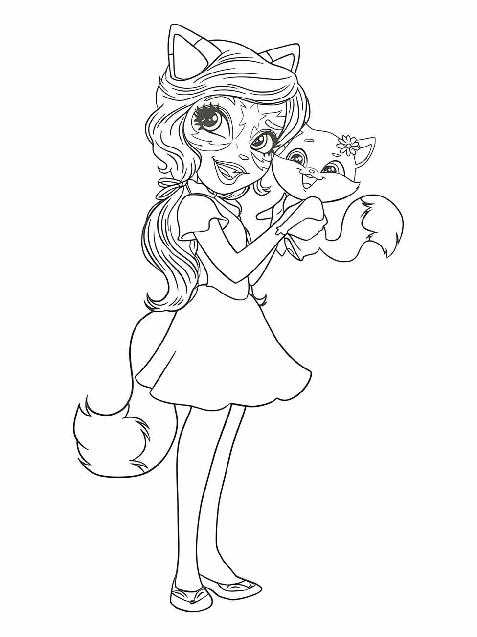 Desenho para desenhar para meninas, personagem em estilo de gata segurando um filhote.