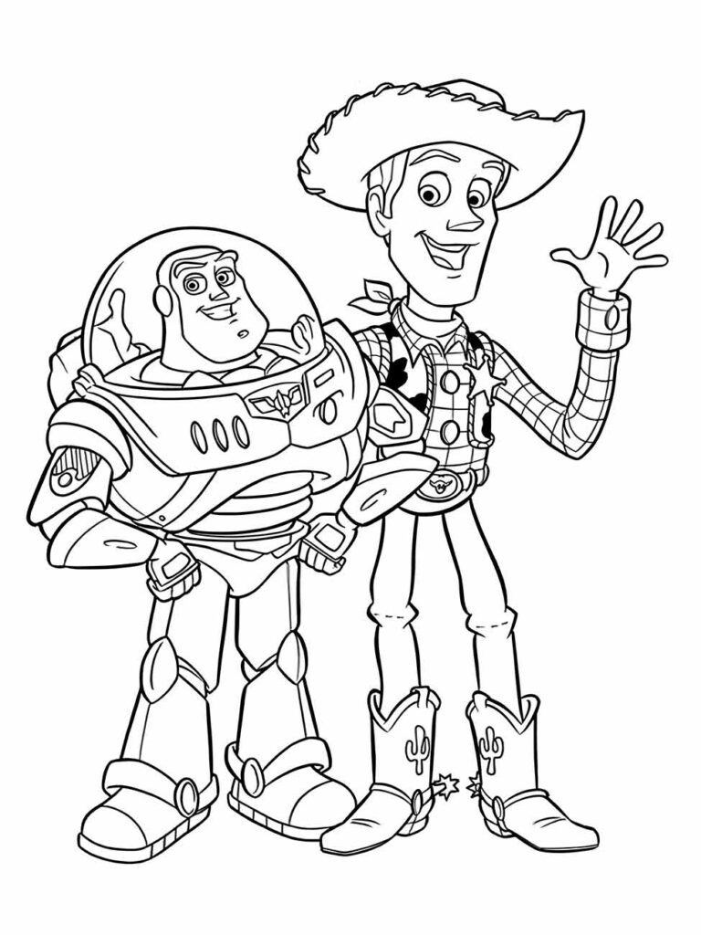 Desenho para desenhar Toy Story, personagens Woody e Buzz Lightyear acenando.