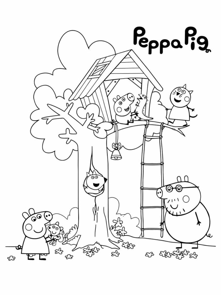 Desenho de Peppa Pig para desenhar, personagens de desenho animado brincando em uma casa na árvore.