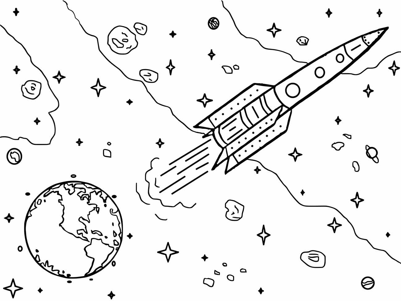 Foguete e pequenos planetas em um desenho para colorir do sistema solar.