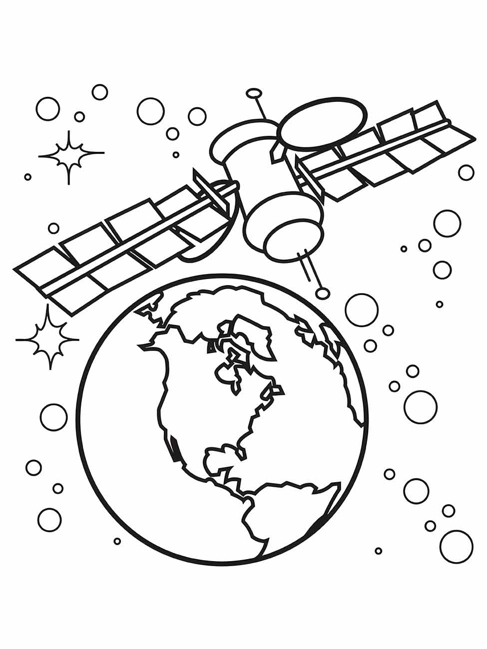 Desenho do Planeta Terra para colorir, incluindo uma estação espacial em órbita.