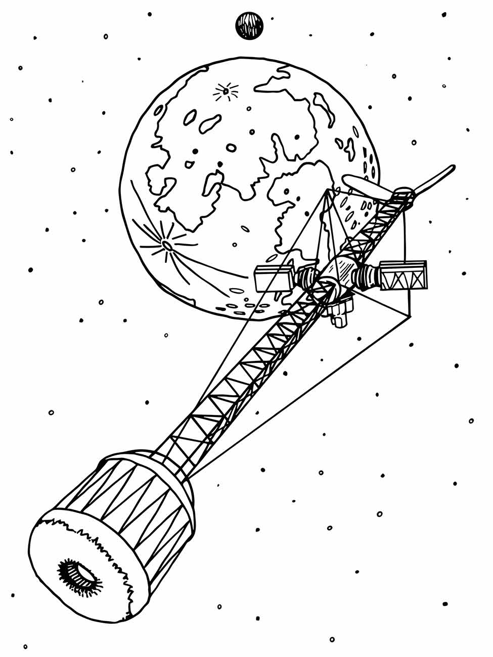 Sistema solar para colorir com uma estação espacial, estrelas e pequenos planetas ao fundo.