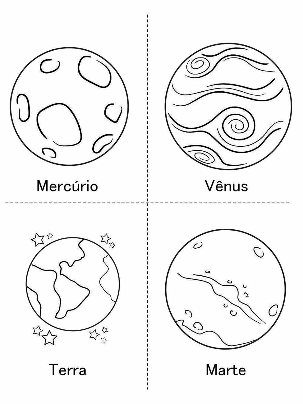 Desenhos dos planetas Mercúrio, Vênus, Terra e Marte para colorir.