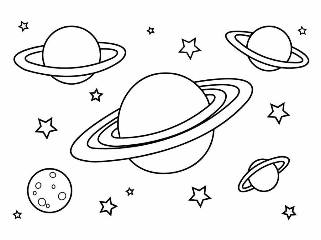 Planetas com anéis e estrelas em um desenho para colorir do sistema solar.