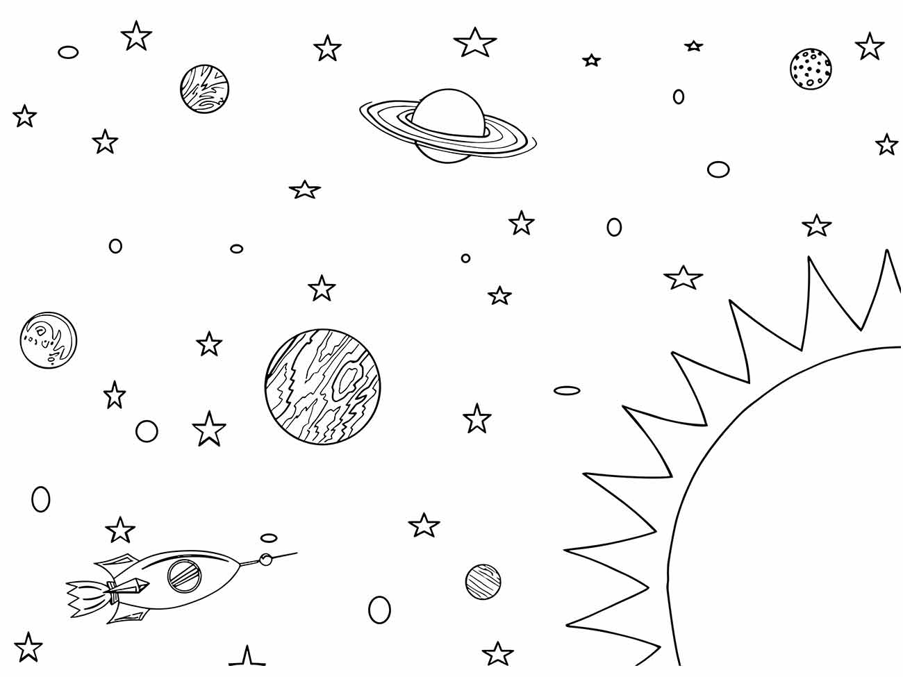 Desenho do sistema solar para colorir com foguete, Sol e planetas.