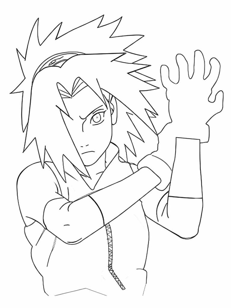 Desenho para colorir de Sakura Haruno em pose de combate, mão estendida.