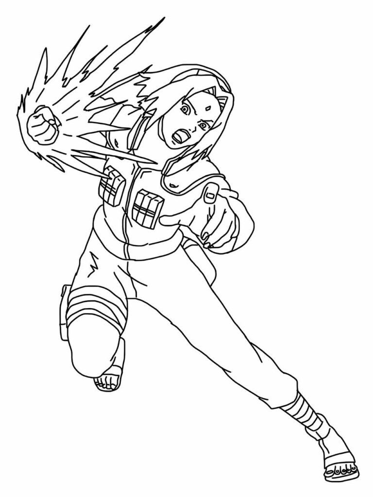 Desenho para colorir de Sakura Haruno em ação, com efeito de velocidade.