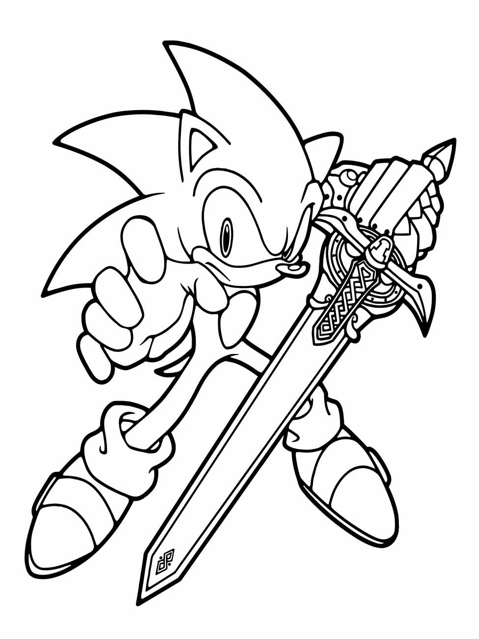 Desenho Sonic para desenhar o personagem com um espadão e pose de ação.