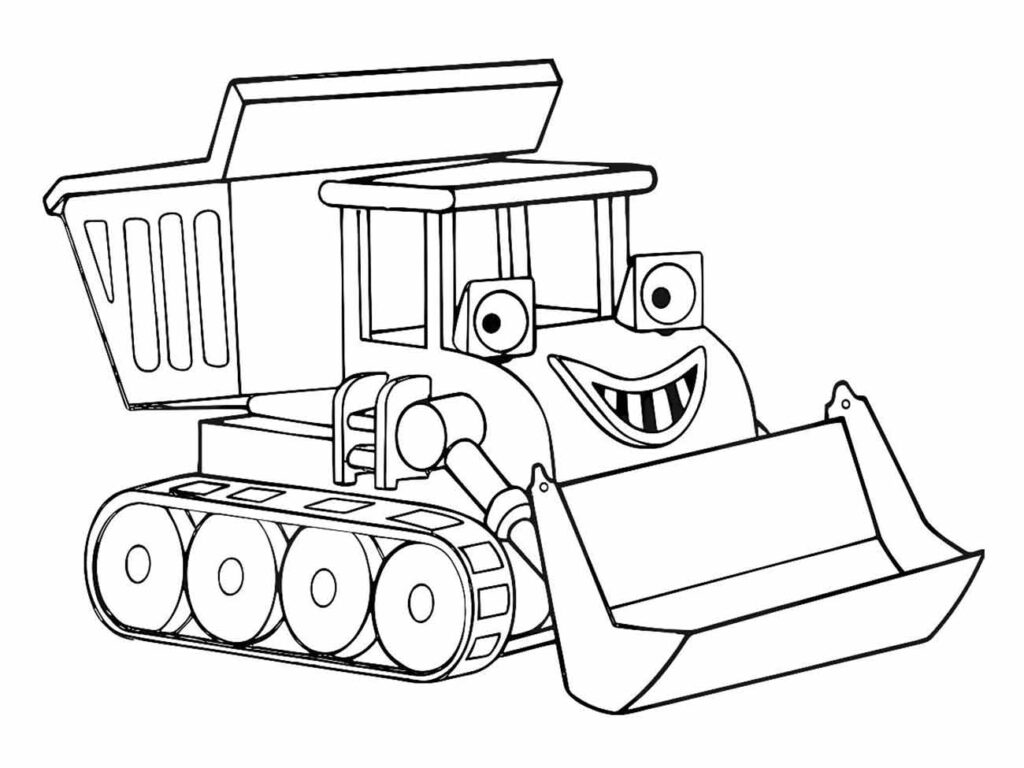 Desenho para colorir de um trator sorridente com uma pá na frente e uma carreta atrás.