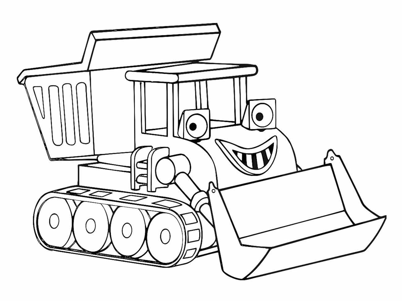 Desenho para colorir de um trator sorridente com uma pá na frente e uma carreta atrás.