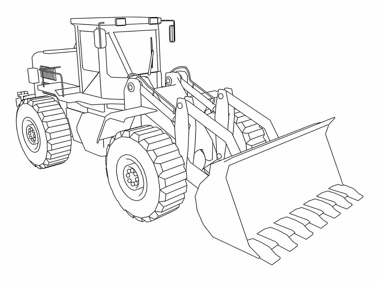 Desenho para colorir de um trator com pá carregadeira.