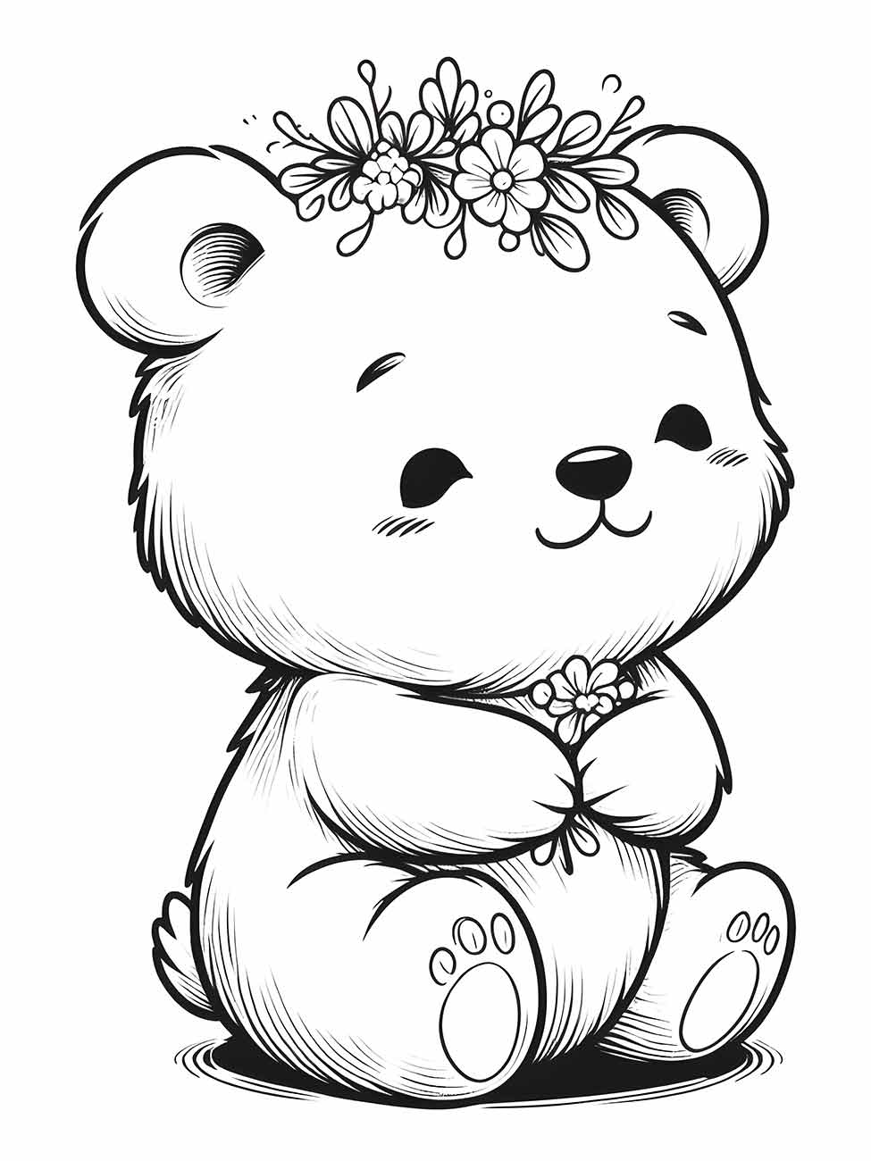 Desenho urso pelúcia para desenhar um ursinho sorridente sentado com flores na cabeça e nas mãos.