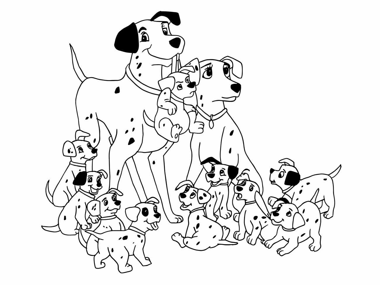 Desenhos animaizinhos para desenhar uma cena de cães dálmatas com adultos e filhotes.