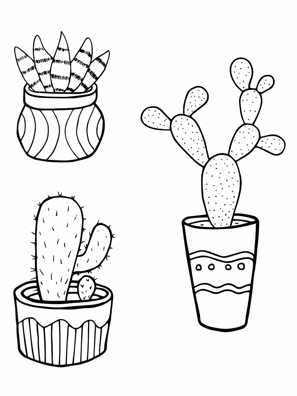 Desenho para colorir apresentando cactos em vasos decorativos com diferentes formas e tamanhos.