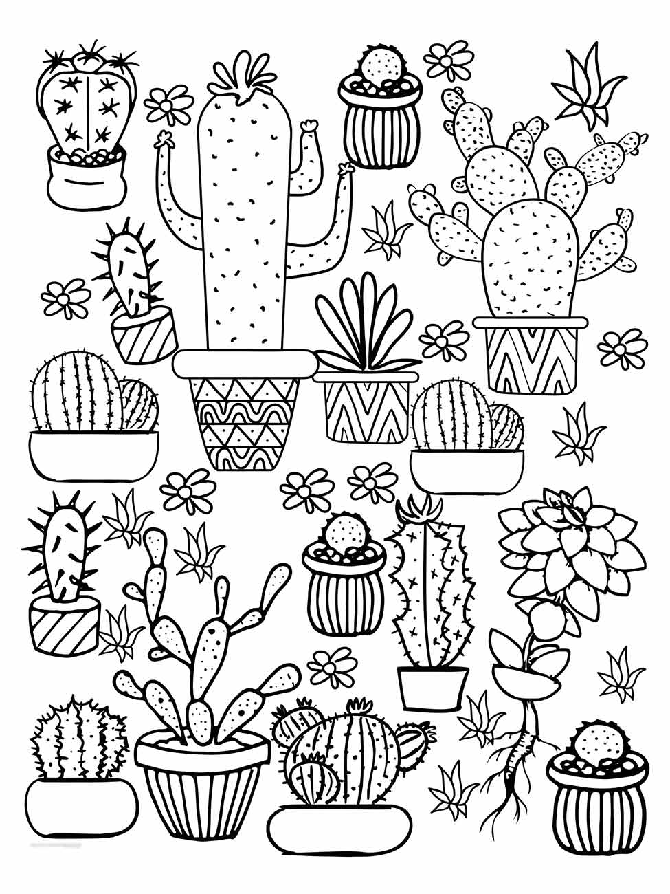 Desenho para colorir de uma variedade de cactos em vasos decorativos com flores e estrelas.