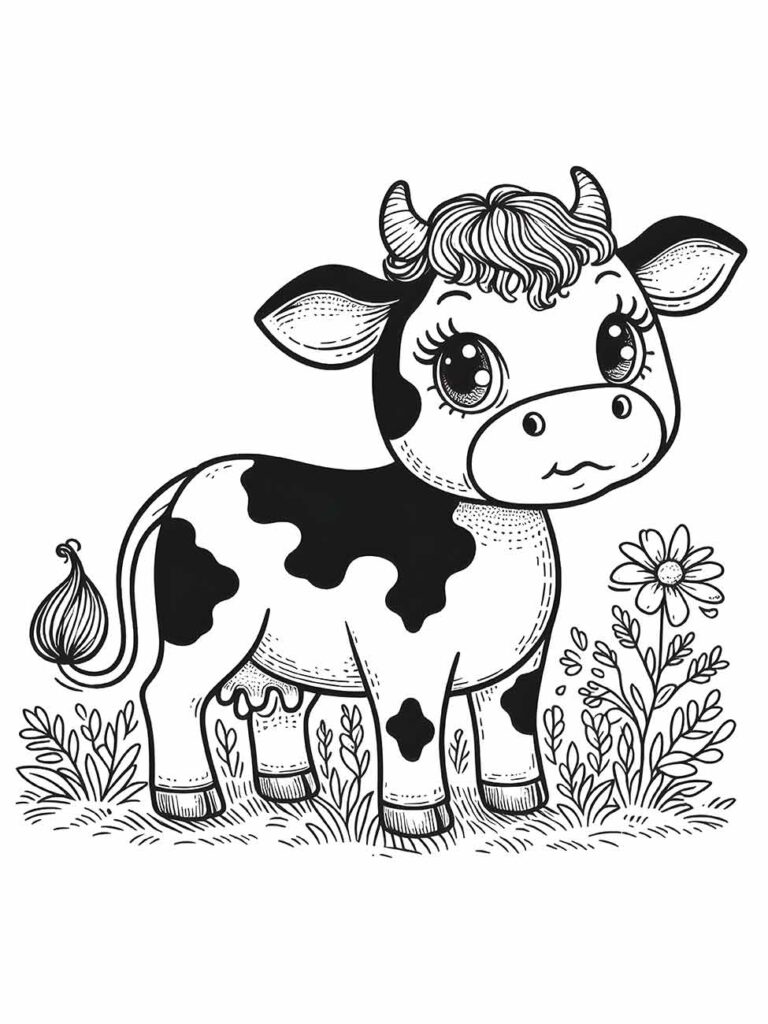 Desenho kawaii para desenhar uma vaca com grandes olhos e flores ao redor.