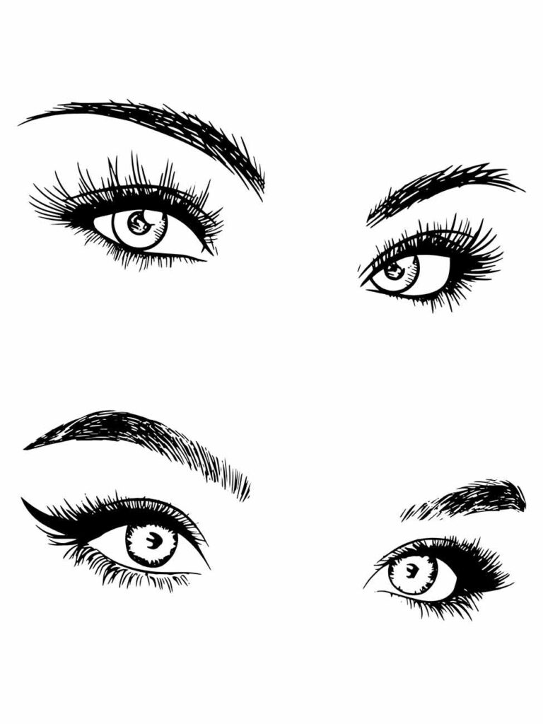 Desenhos de olhos para desenhar exibe quatro estilos diferentes de olhos femininos com sobrancelhas e cílios detalhados.