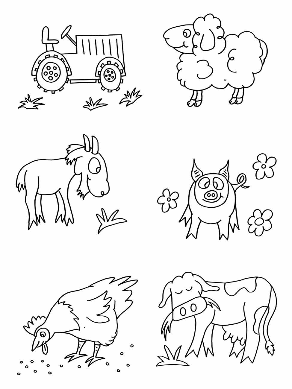 desenhos fáceis para desenhar de animais de fazenda e um trator, simples e estilizados.