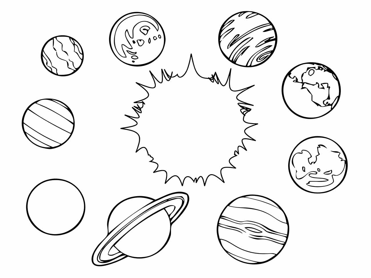 Desenho de vários planetas e o Sol para colorir, ideal para educação infantil.