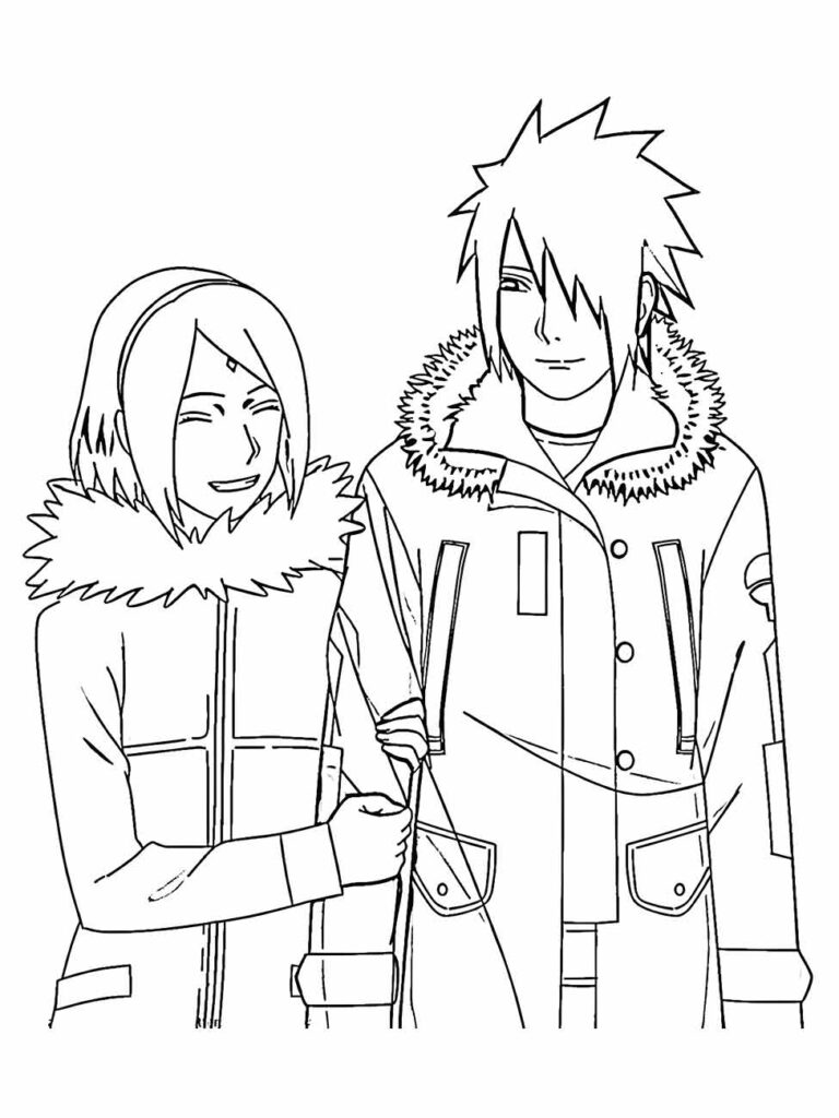 Desenho para colorir de Sakura e Sasuke, de pé, rindo juntos