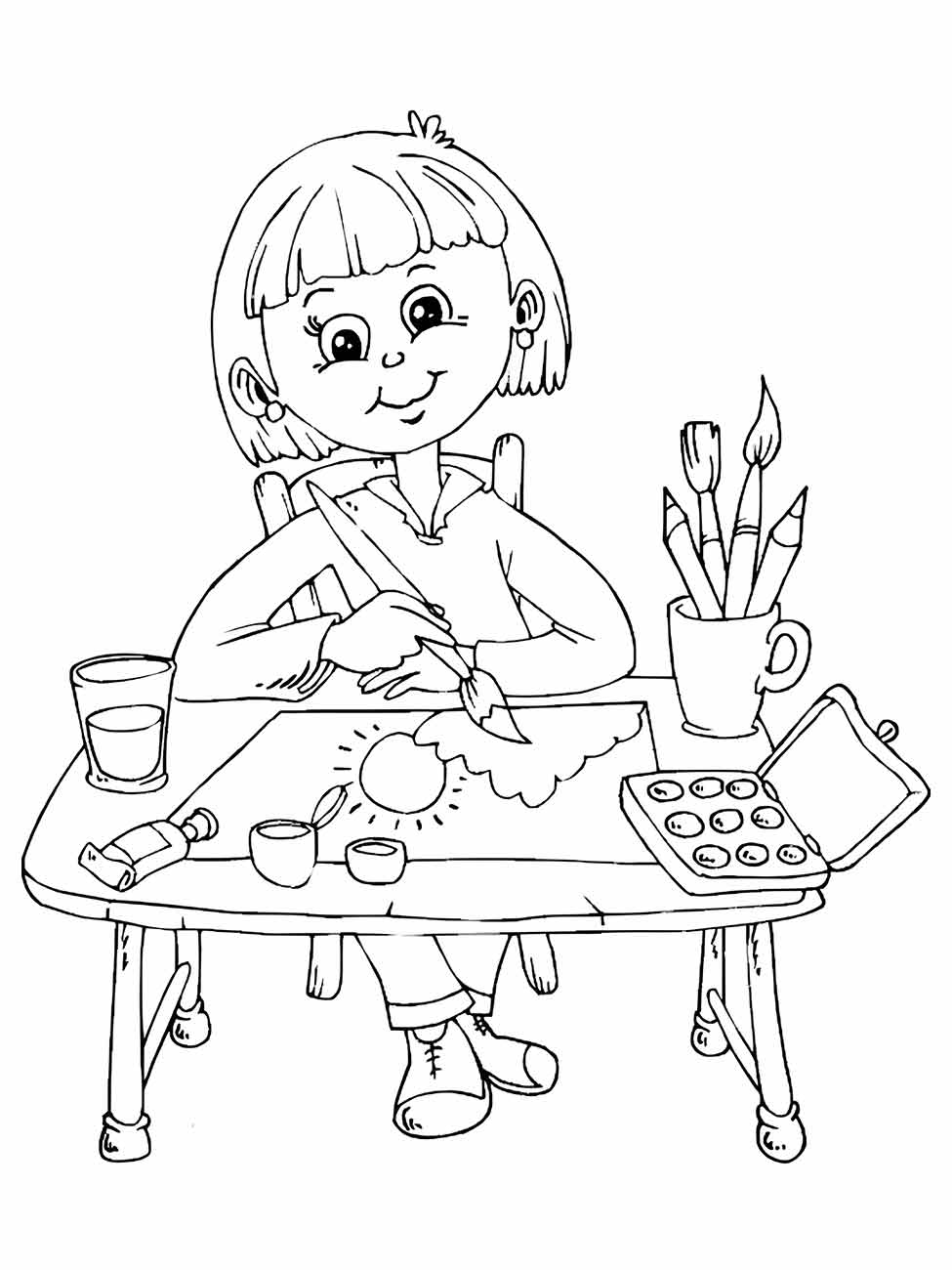 Desenho para colorir escola mostrando uma menina pintando em uma mesa com materiais de arte.