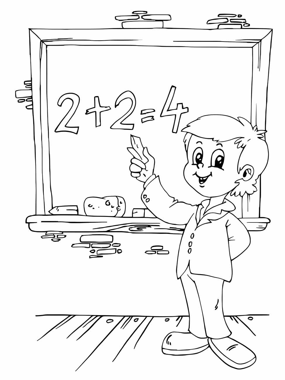 Desenho para colorir de um estudante ao lado de um quadro com uma equação matemática simples, ideal para aulas de matemática.