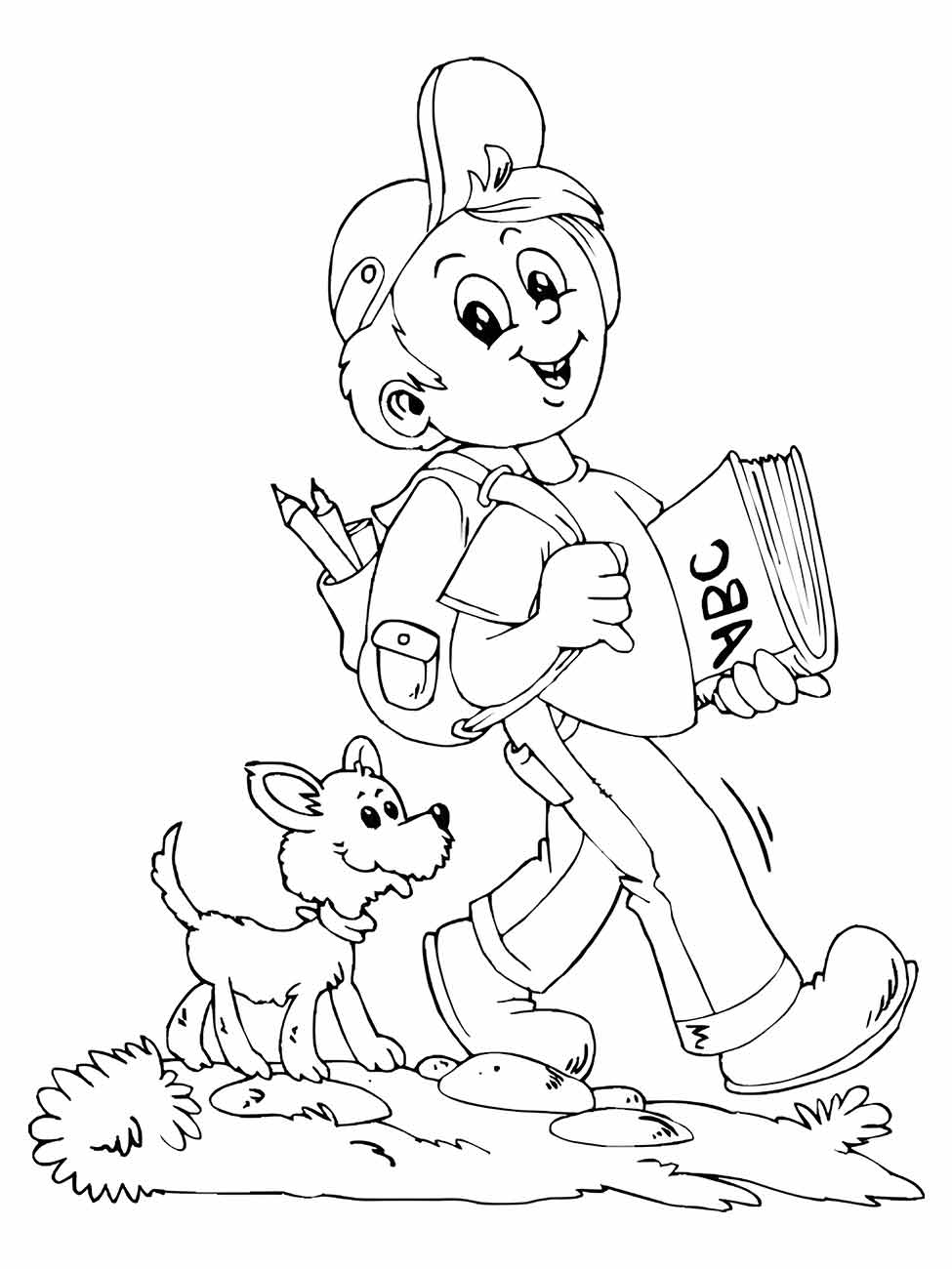 Desenho de um menino caminhando com um livro e um cãozinho, ideal para atividades relacionadas ao dia a dia escolar.