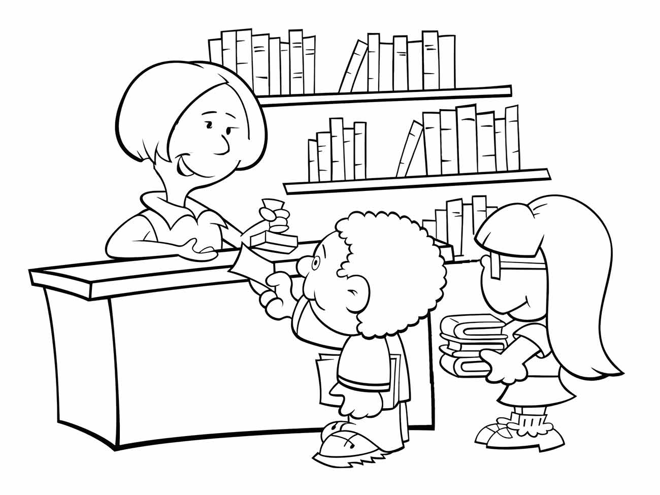 Desenho de biblioteca escolar para colorir com uma bibliotecária entregando livros para as crianças