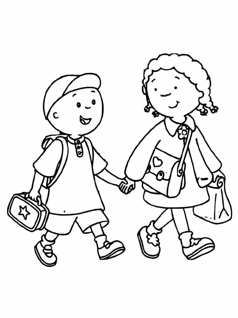 Imagem de escola para colorir com dois alunos sorridentes caminhando de mãos dadas.