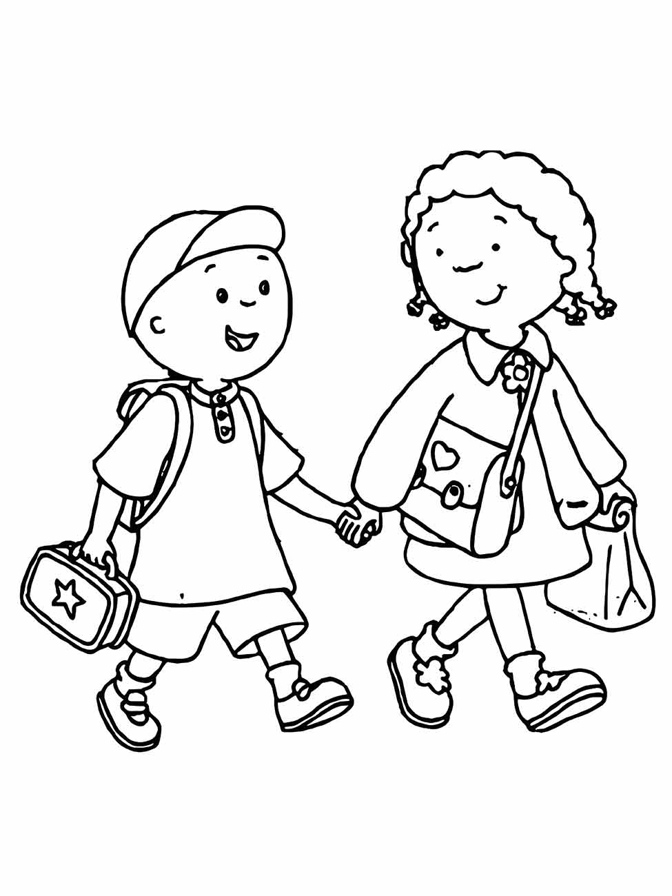 Imagem de escola para colorir com dois alunos sorridentes caminhando de mãos dadas.