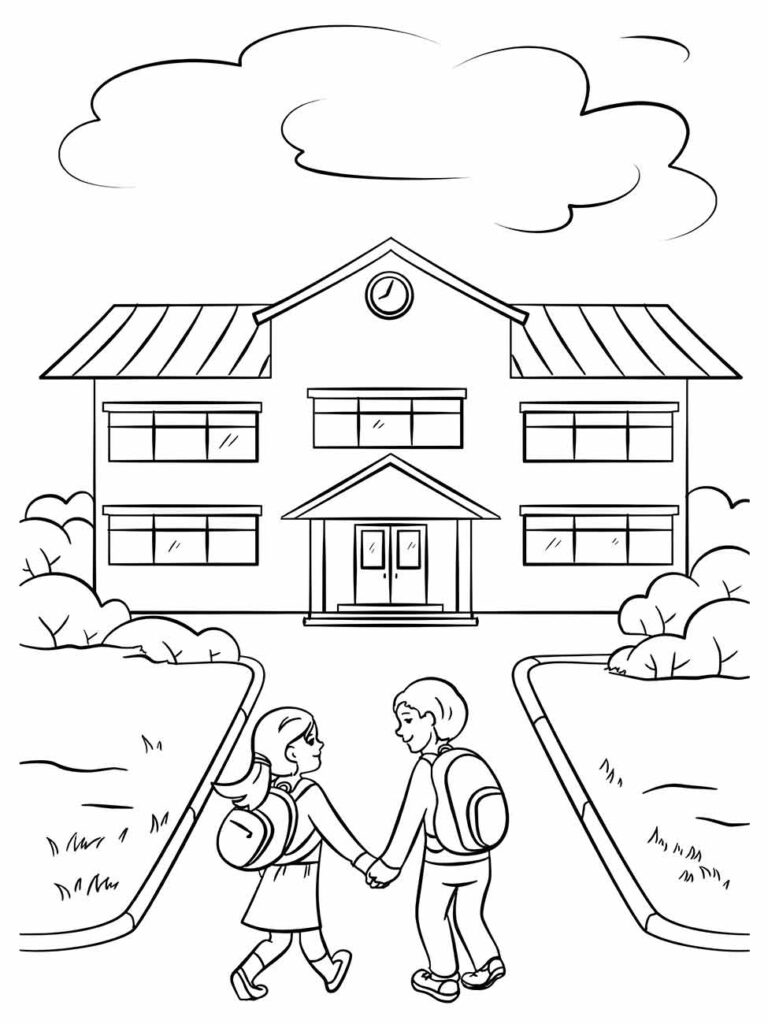 Desenho de escola para colorir com duas crianças de mãos dadas em frente ao prédio escolar.