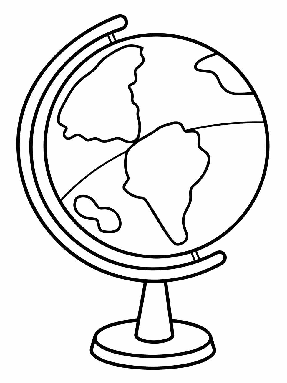 Desenho de um globo terrestre para colorir, mostrando os continentes, ideal para atividades de geografia.