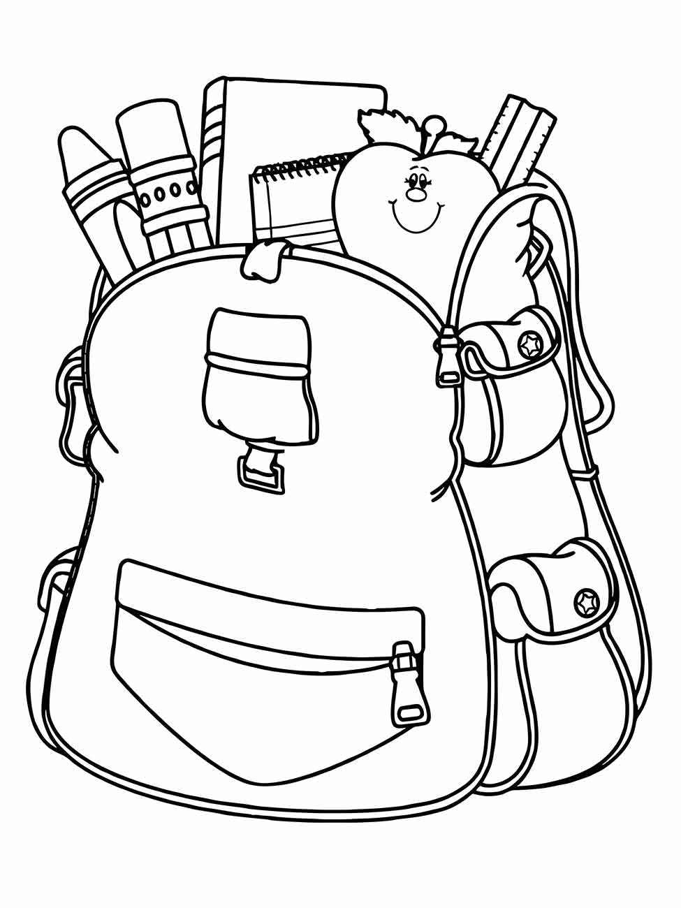 Desenho de mochila escolar para colorir, repleta de material escolar como lápis e cadernos.